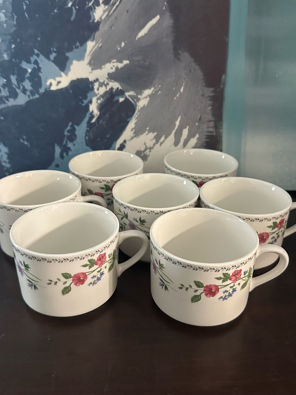 Farberware White Mugs with Pink Rose and Green Leaf Motif (Set of 7)